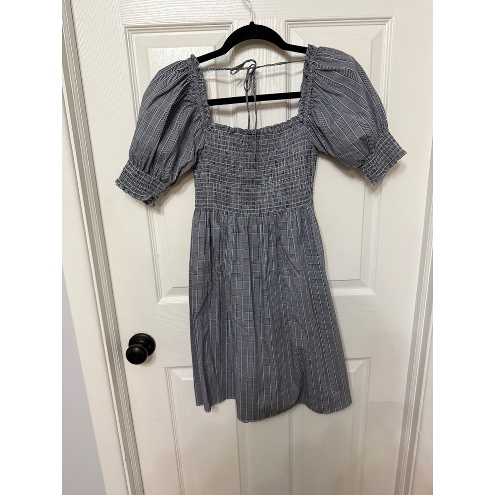 Hill House Home The Athena Nap Dress Blue Grey Plaid Smocked Mini Dress XS - Picture 8 of 9